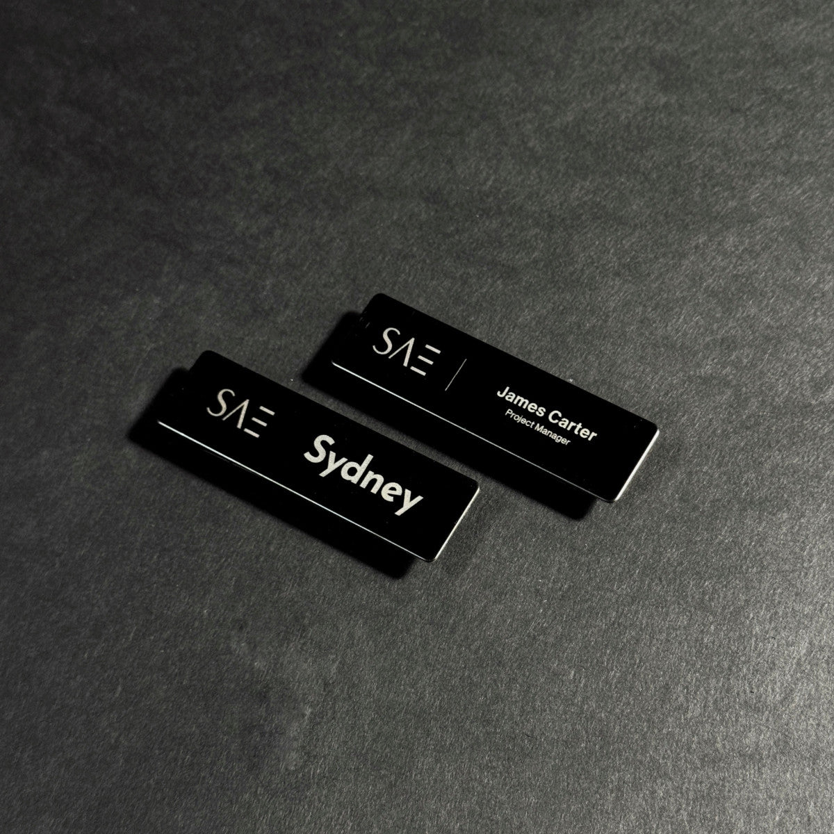 Black stainless steel laser engraved magnetic name badge, durable metal staff tag