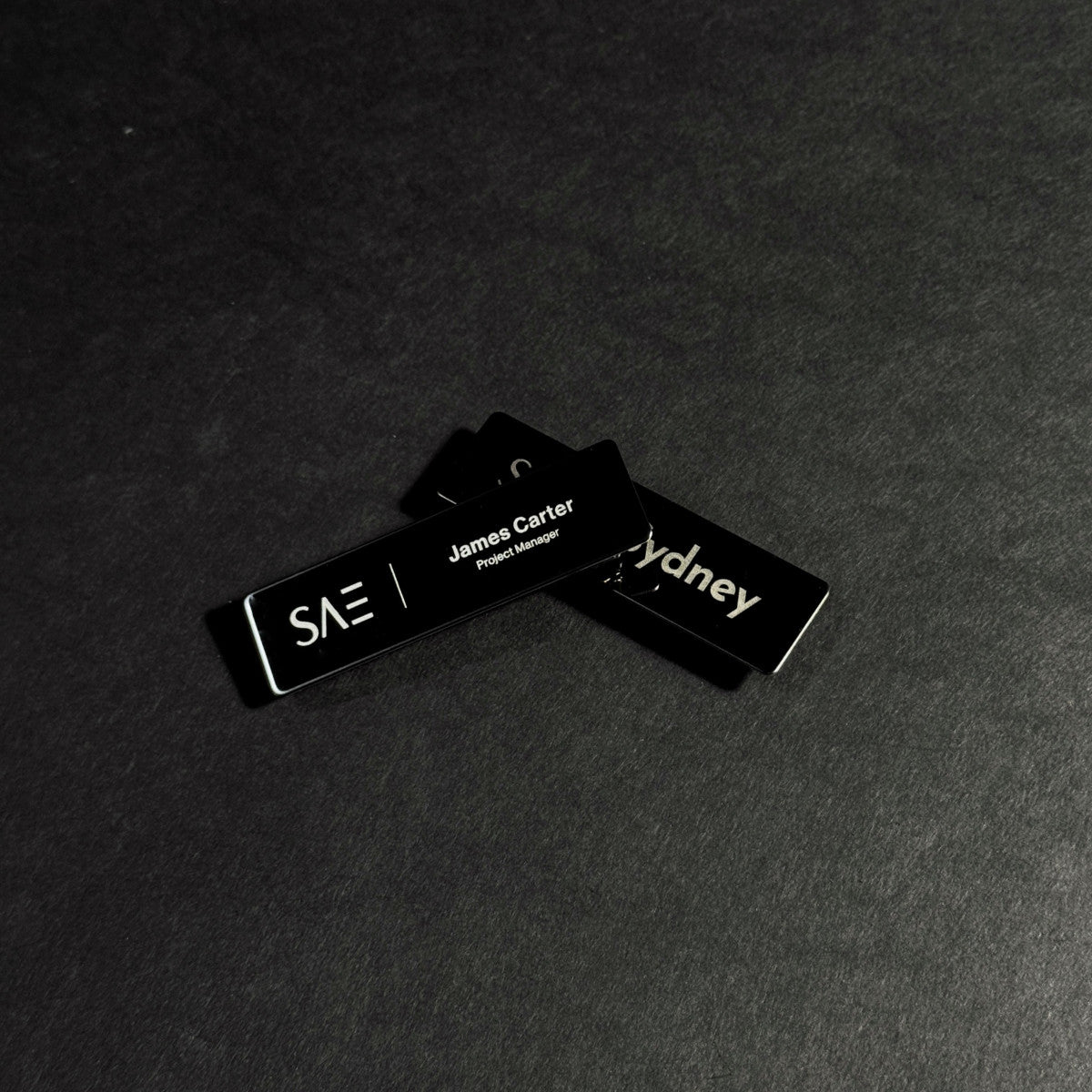 Black stainless steel laser engraved magnetic name badge, durable metal staff tag