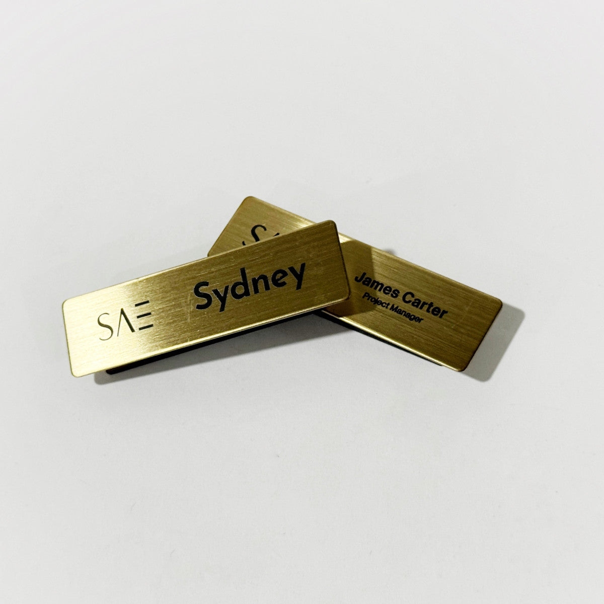Gold stainless steel laser engraved magnetic name badge for employees