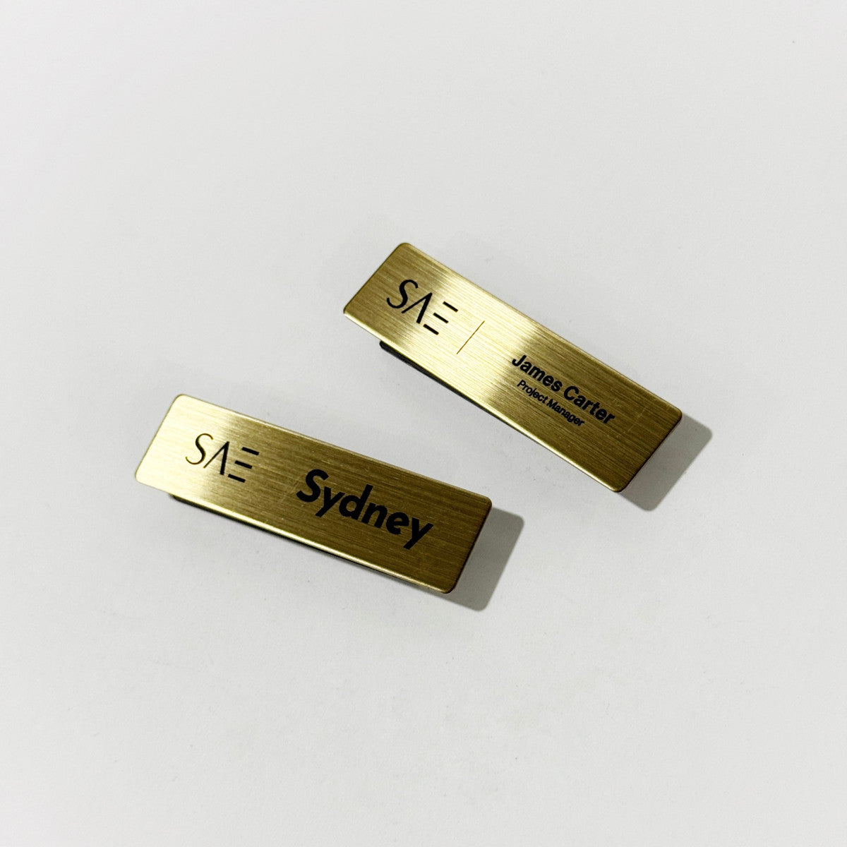Gold stainless steel laser engraved magnetic name badge for employees