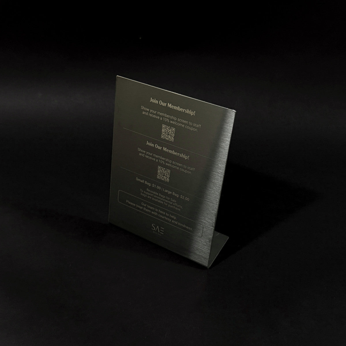 Stainless steel freestanding A6 POP plate, black, 125×50×170mm