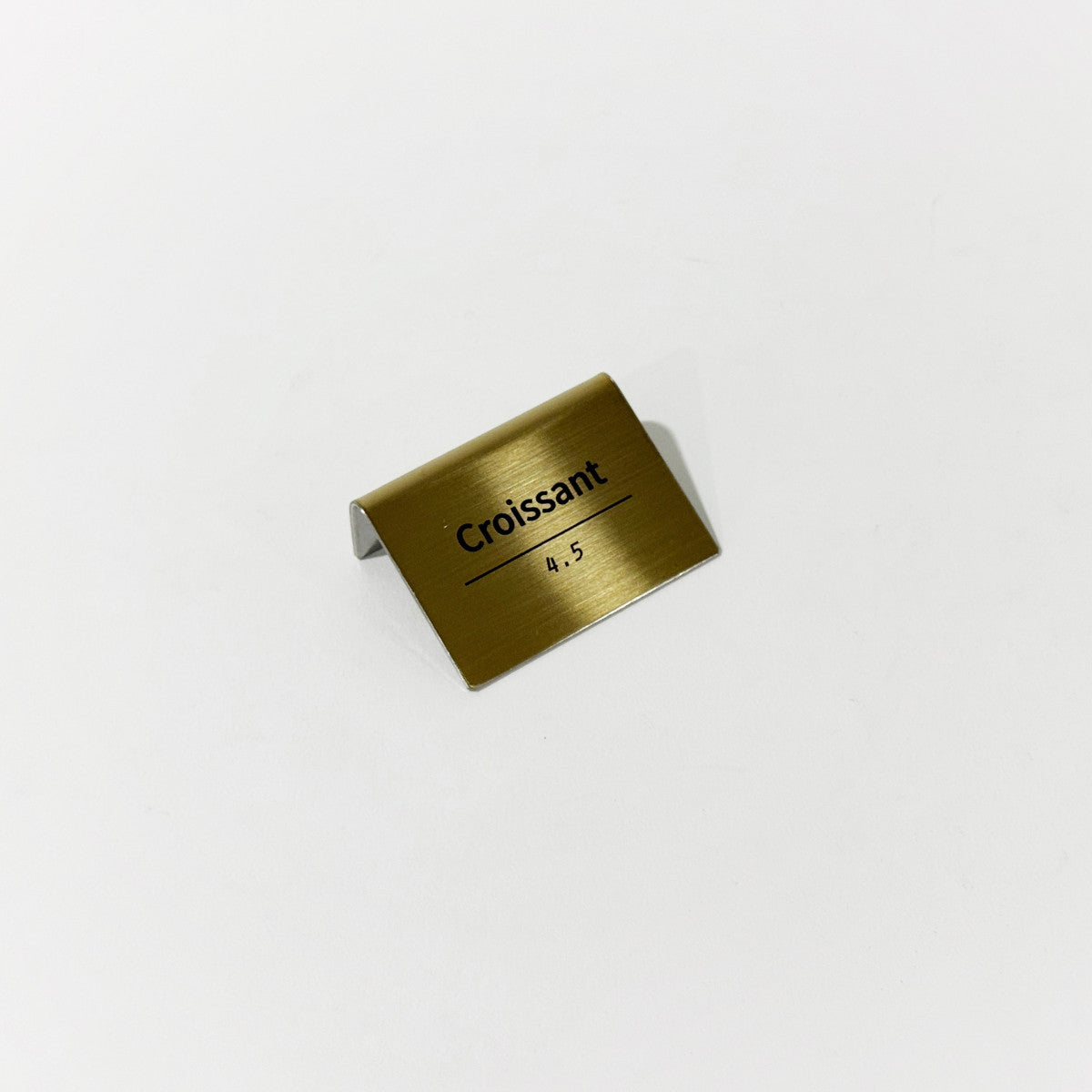 Bent Metal Laser Marked Price Tag Gold 50x35mm for bakery display and cafe menu labeling