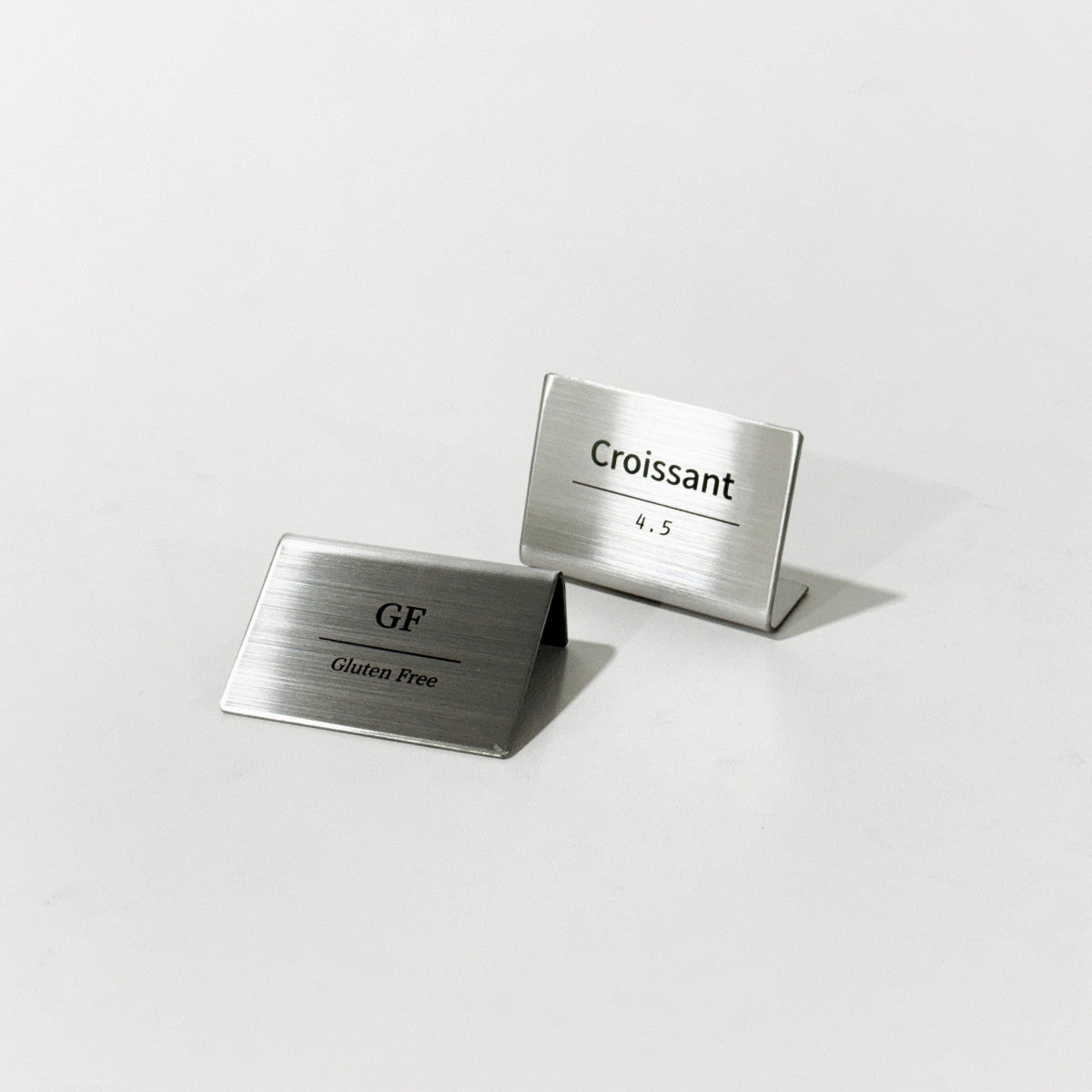 Bent Metal Laser Marked Price Tag Silver 50x35mm for bakery display and cafe menu labeling