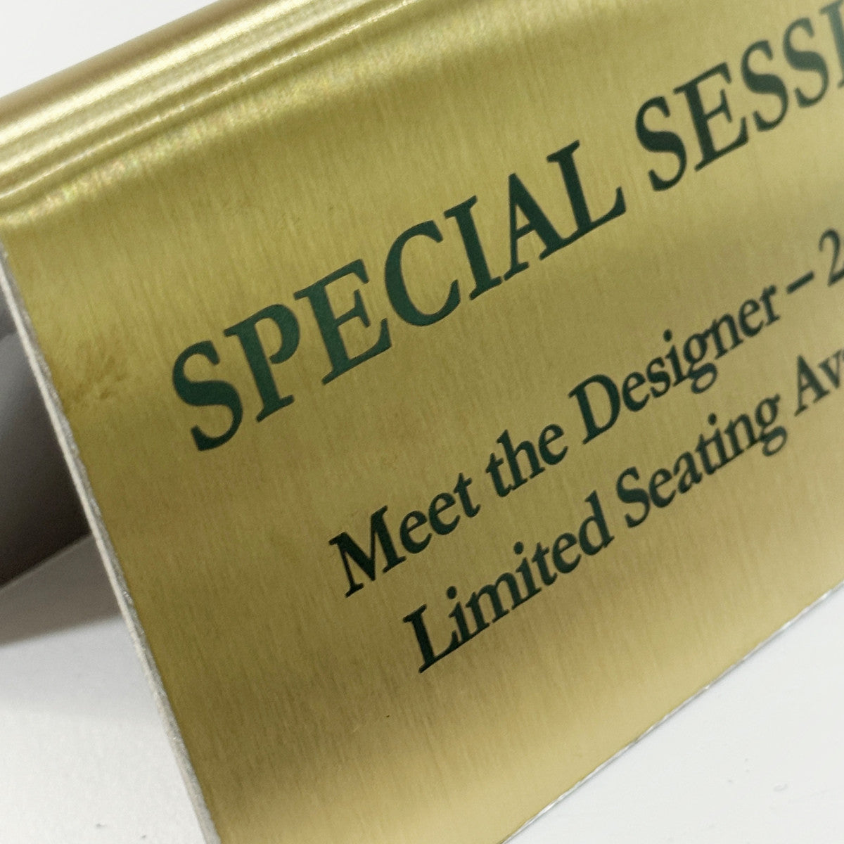 Stainless steel table tent POP plate, gold, 130×60×75mm