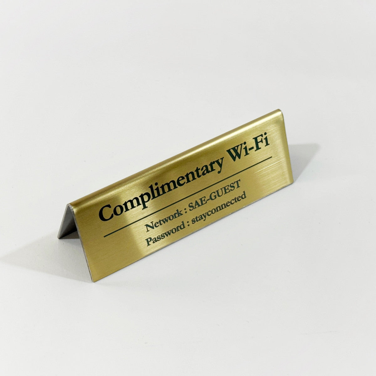 Stainless steel table tent POP plate, gold, 150×43×50mm