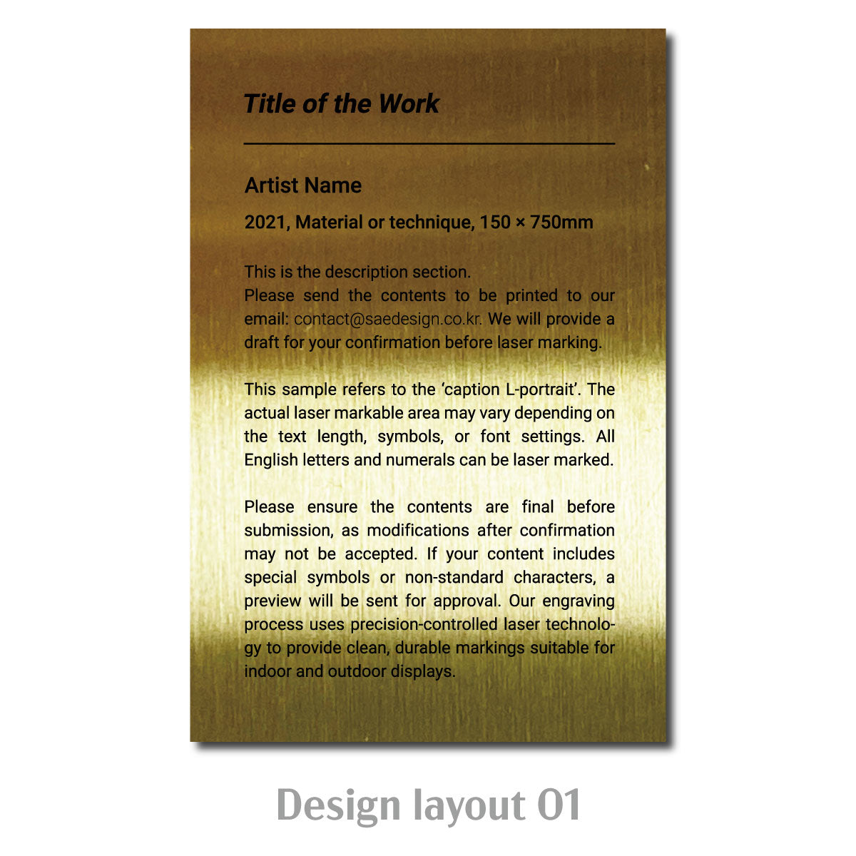 Large Adhesive Mounted Caption Plate Gold 100x150mm 3.94x5.91in Portrait SIDE Collection