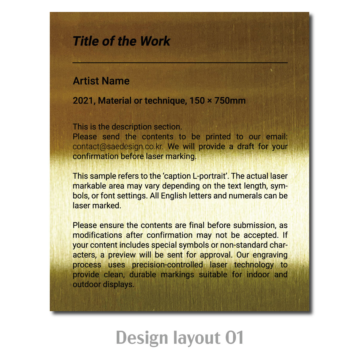 Large Adhesive Mounted Caption Plate Gold 130x150mm 5.12x5.91in Portrait Wide SIDE Collection