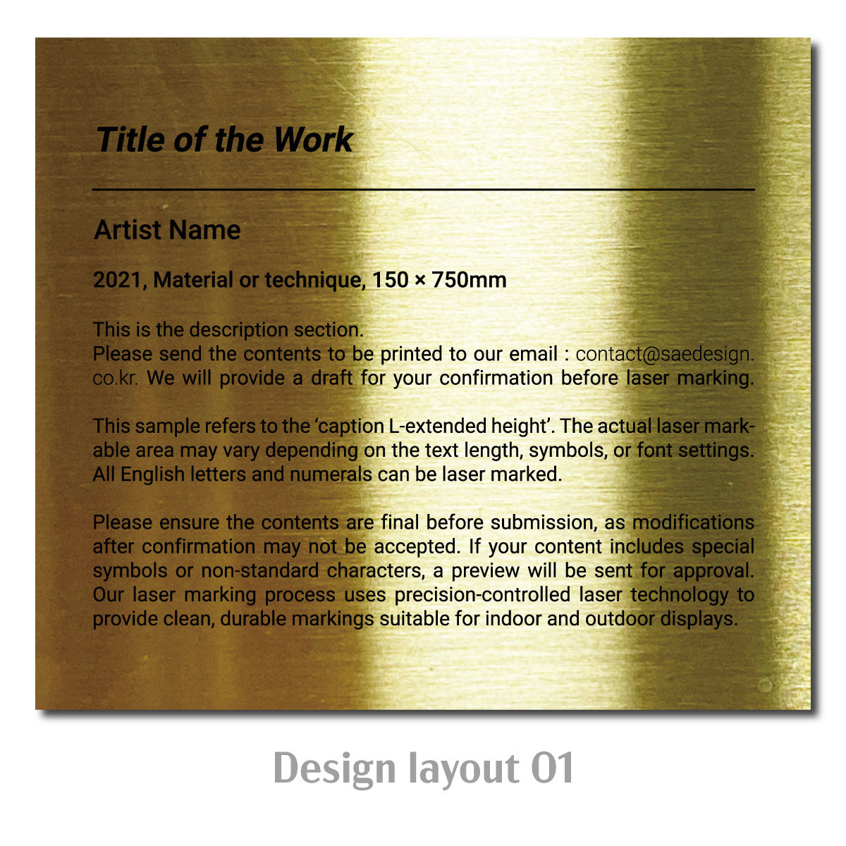 Large Adhesive Mounted Caption Plate Gold 150x130mm 5.91x5.12in Extended Height SIDE Collection