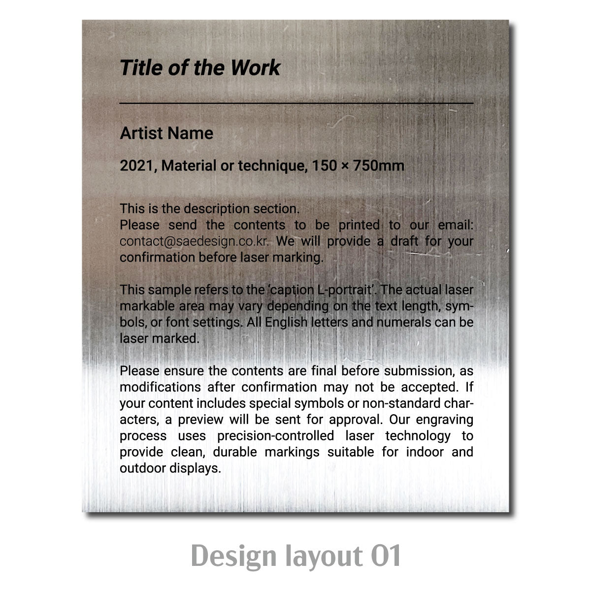 Large Adhesive Mounted Caption Plate Silver 130x150mm 5.12x5.91in Portrait Wide SIDE Collection