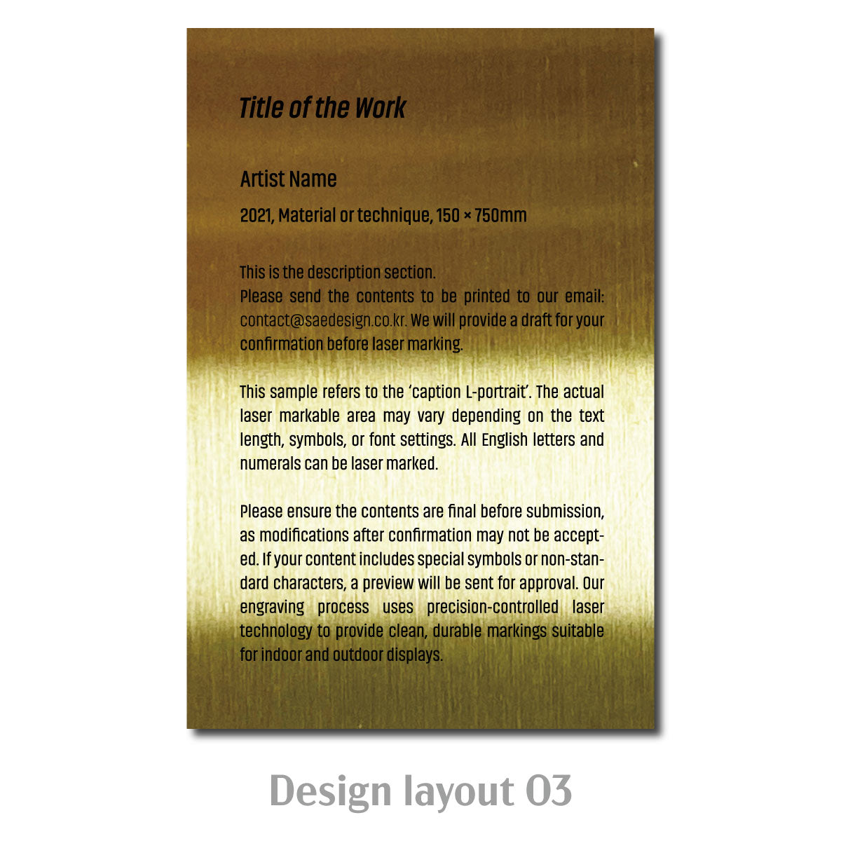 Large Adhesive Mounted Caption Plate Gold 100x150mm 3.94x5.91in Portrait SIDE Collection