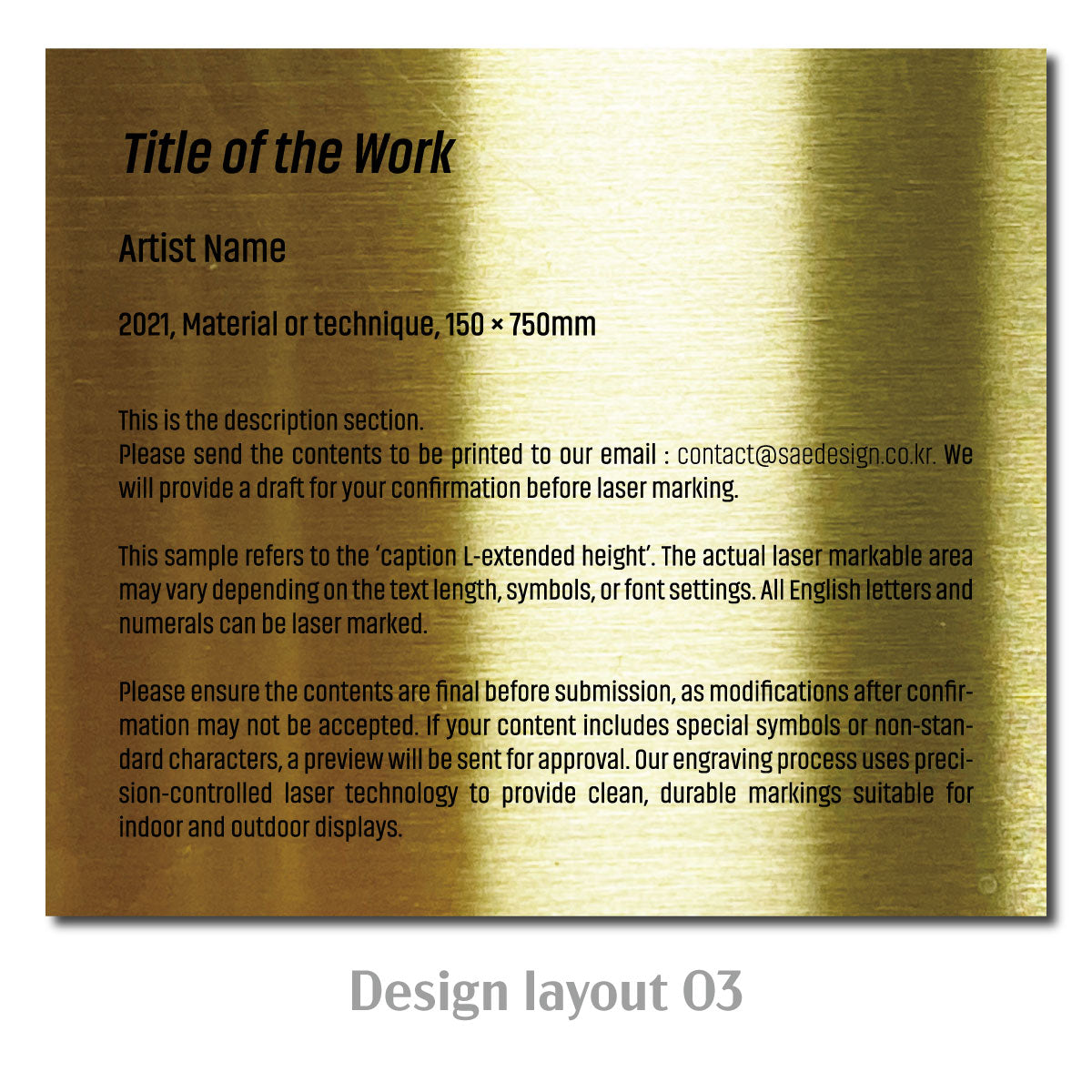 Large Adhesive Mounted Caption Plate Gold 150x130mm 5.91x5.12in Extended Height SIDE Collection