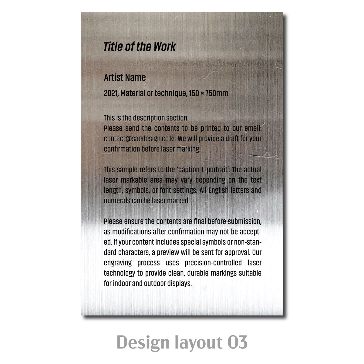 Large Adhesive Mounted Caption Plate Silver 100x150mm 3.94x5.91in Portrait SIDE Collection