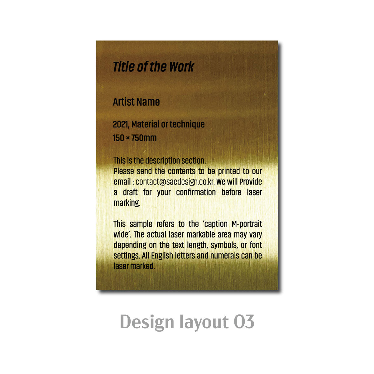 Medium Adhesive Mounted Caption Plate Gold 80x110mm 3.15x4.33in Portrait Wide SIDE Collection