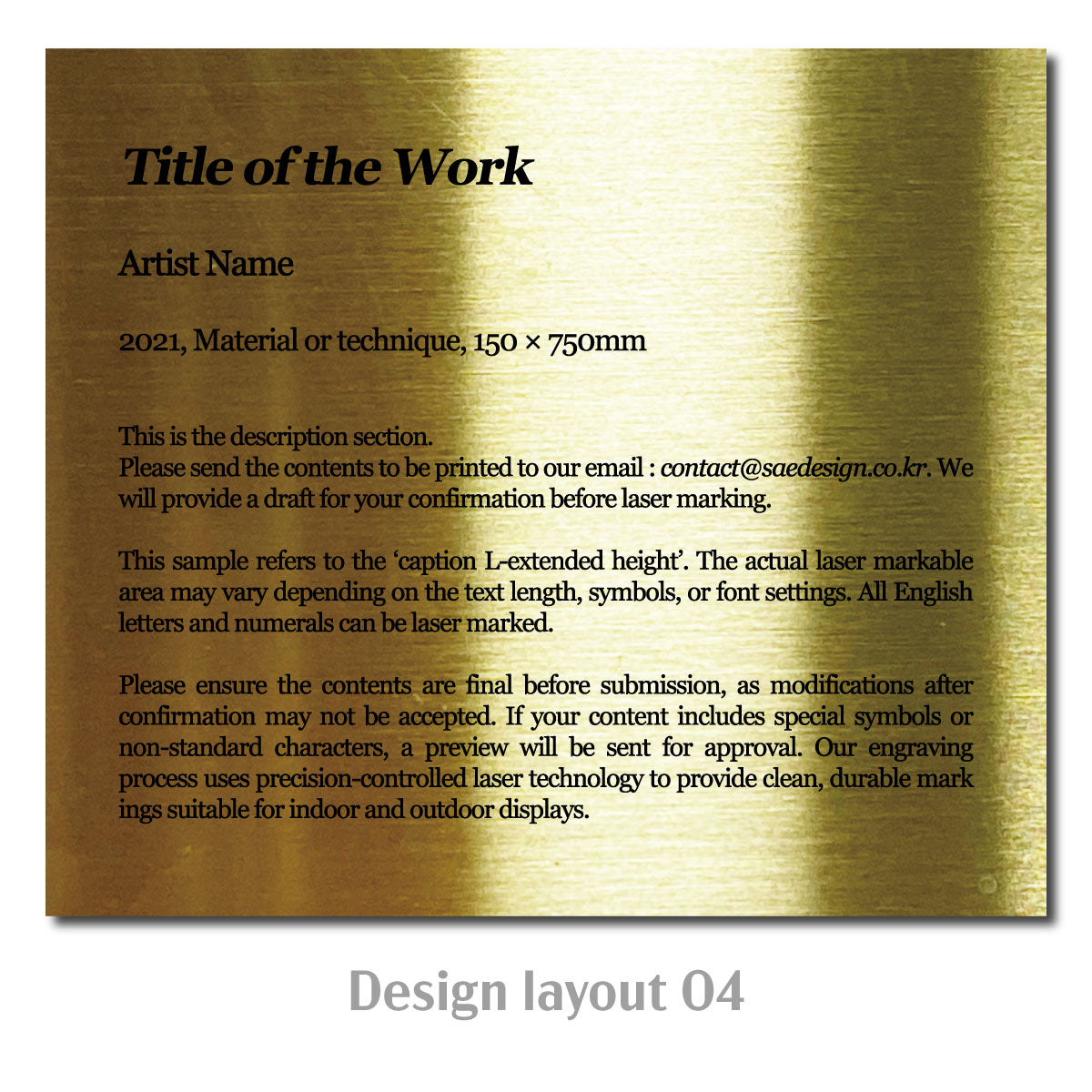 Large Adhesive Mounted Caption Plate Gold 150x130mm 5.91x5.12in Extended Height SIDE Collection