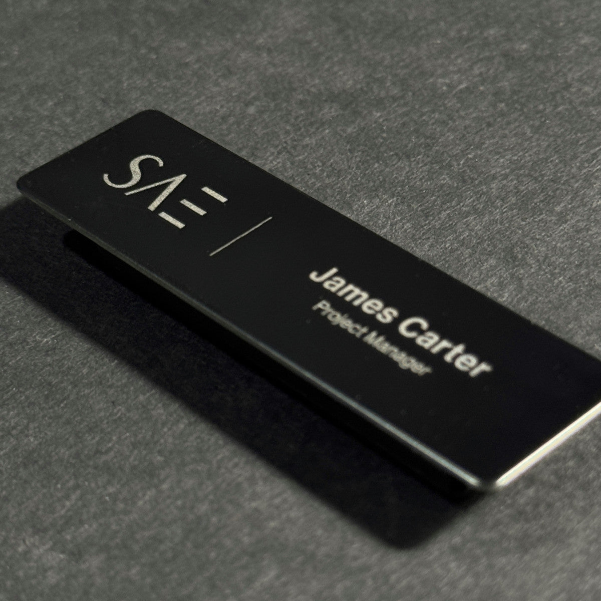 Black stainless steel laser engraved magnetic name badge, durable metal staff tag
