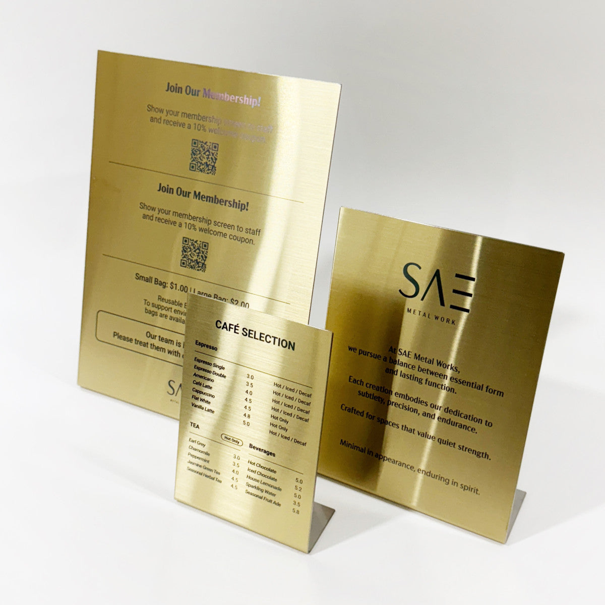 Stainless steel freestanding POP plate, gold, 240×80×320mm
