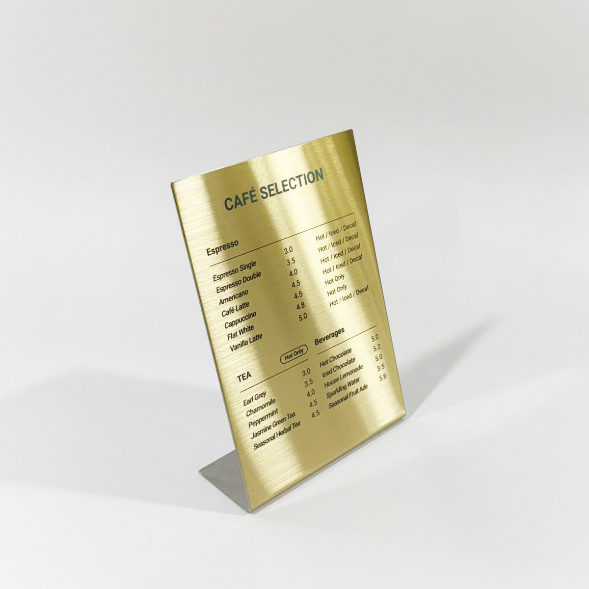 Stainless steel freestanding A6 POP plate, gold, 125×50×170mm
