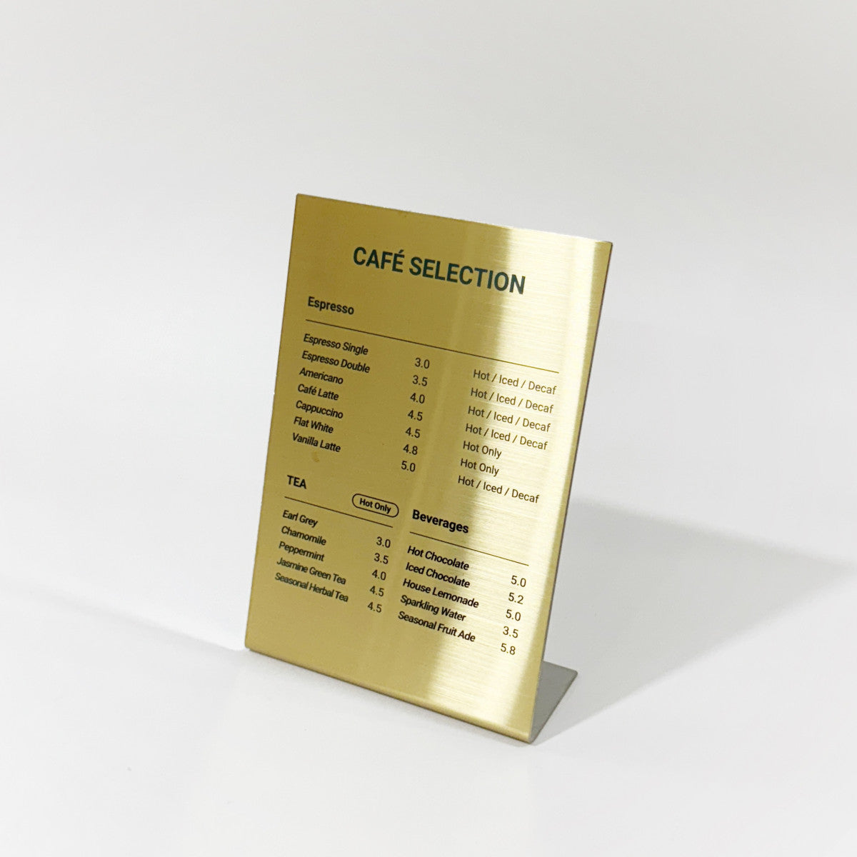 Stainless steel freestanding A6 POP plate, gold, 125×50×170mm
