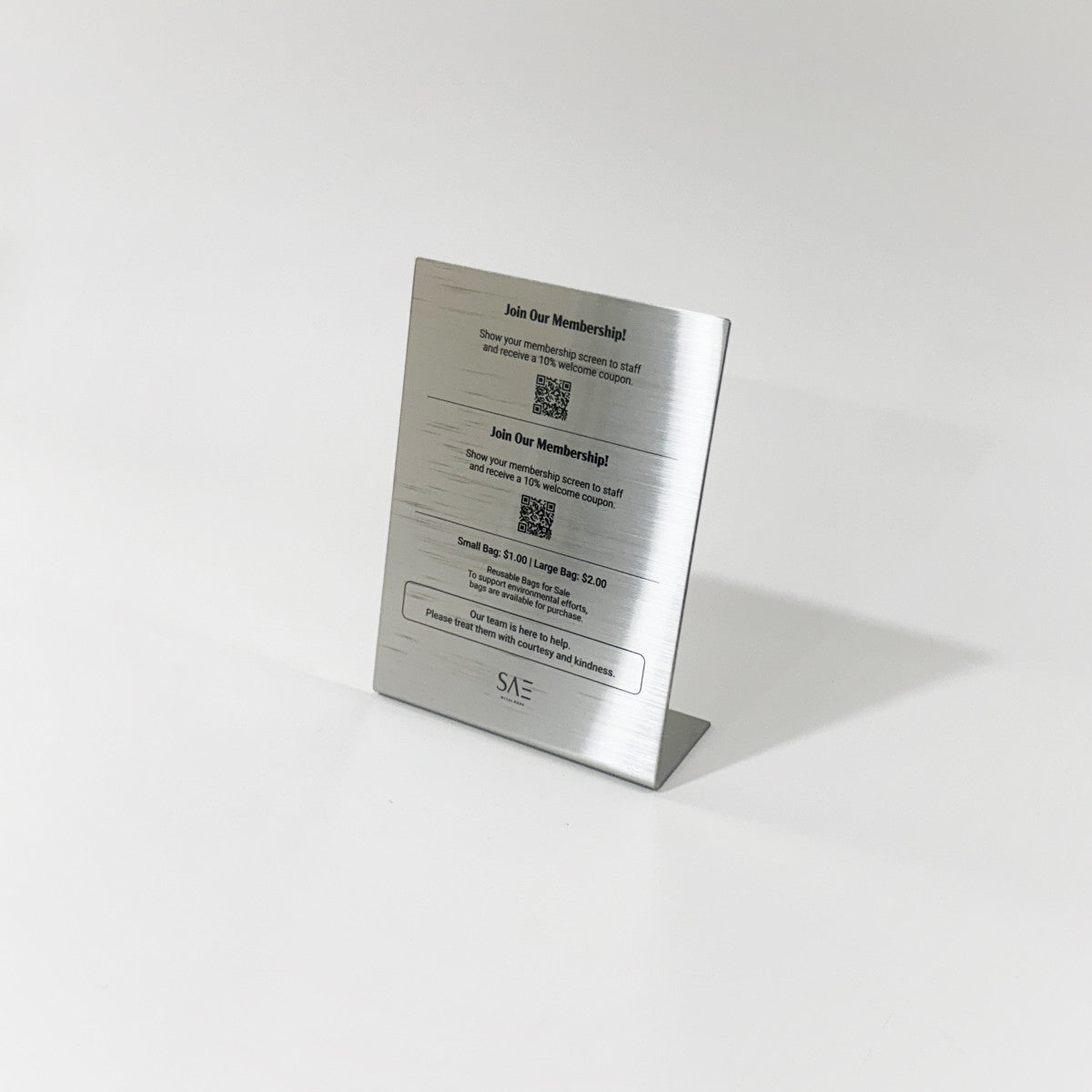 Stainless steel freestanding A6 POP plate, silver, 125×50×170mm
