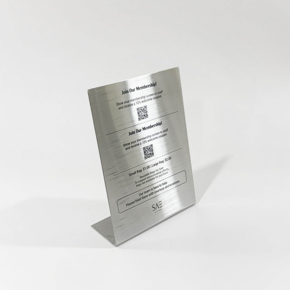 Stainless steel freestanding A6 POP plate, silver, 125×50×170mm
