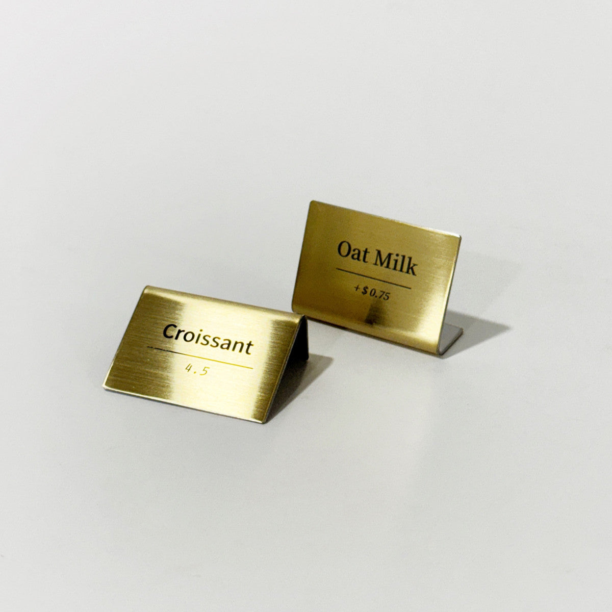Bent Metal Laser Marked Price Tag Gold 50x35mm for bakery display and cafe menu labeling
