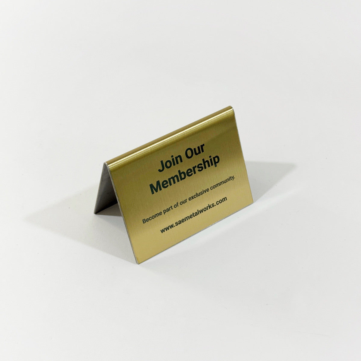 Stainless steel table tent POP plate, gold, 100×63×75mm
