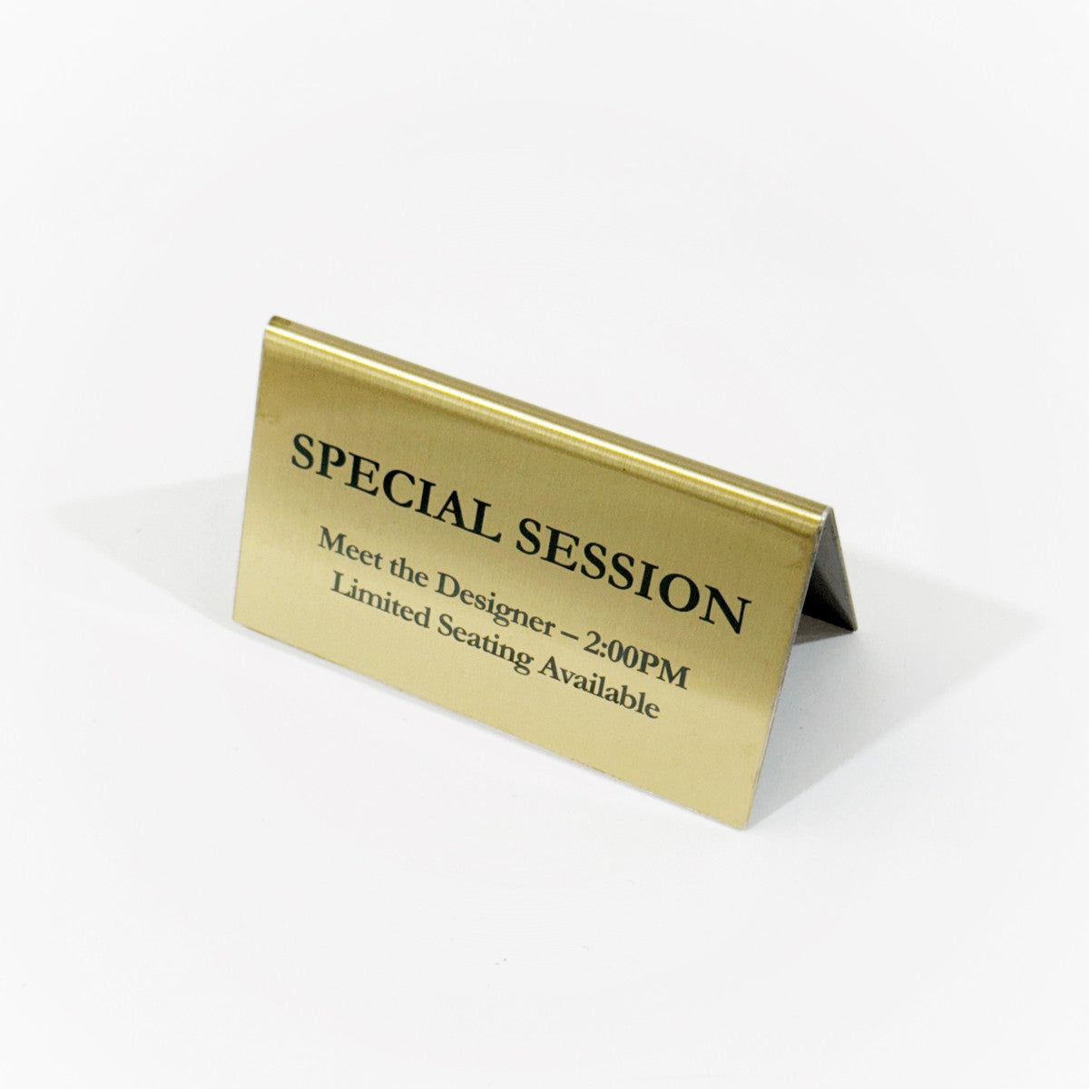 Stainless steel table tent POP plate, gold, 130×60×75mm
