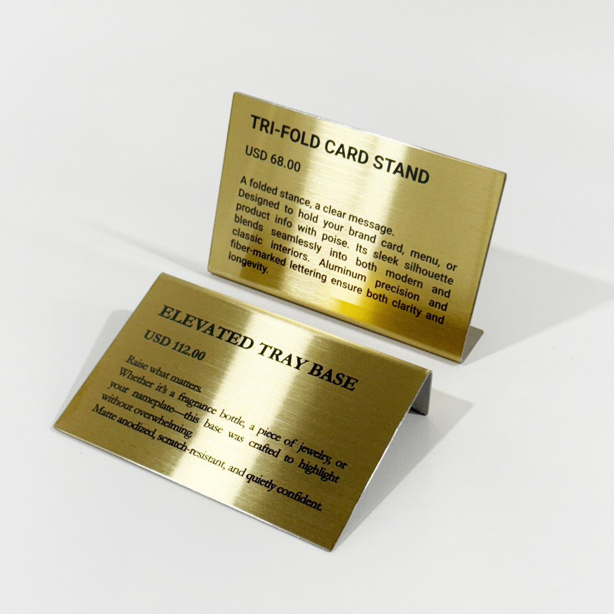 Stainless steel freestanding POP plate, gold, 150×30×100mm
