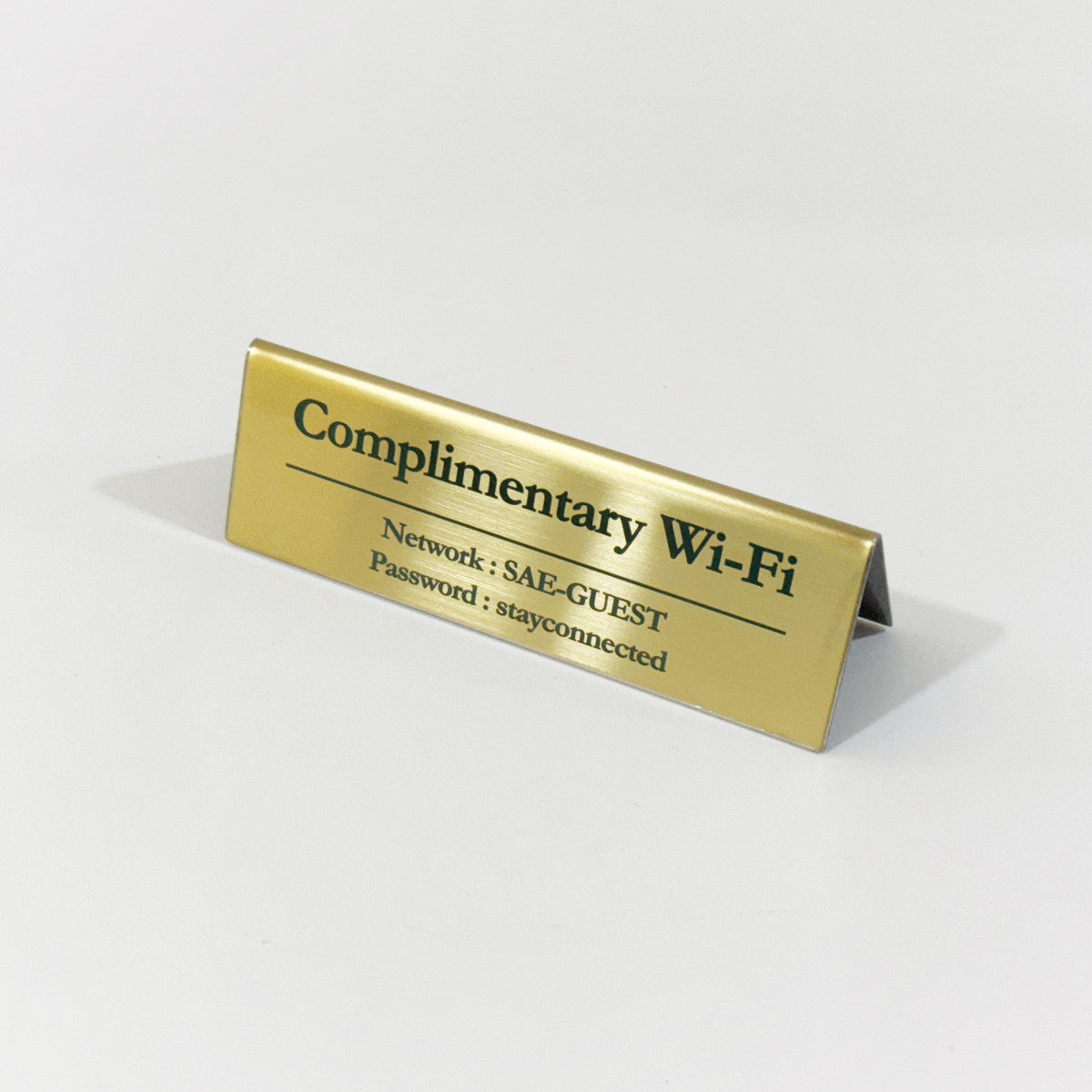 Stainless steel table tent POP plate, gold, 150×43×50mm
