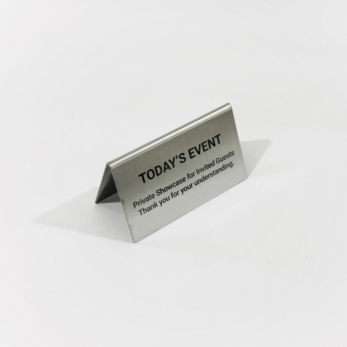Stainless steel table tent POP plate, silver, 130×60×75mm
