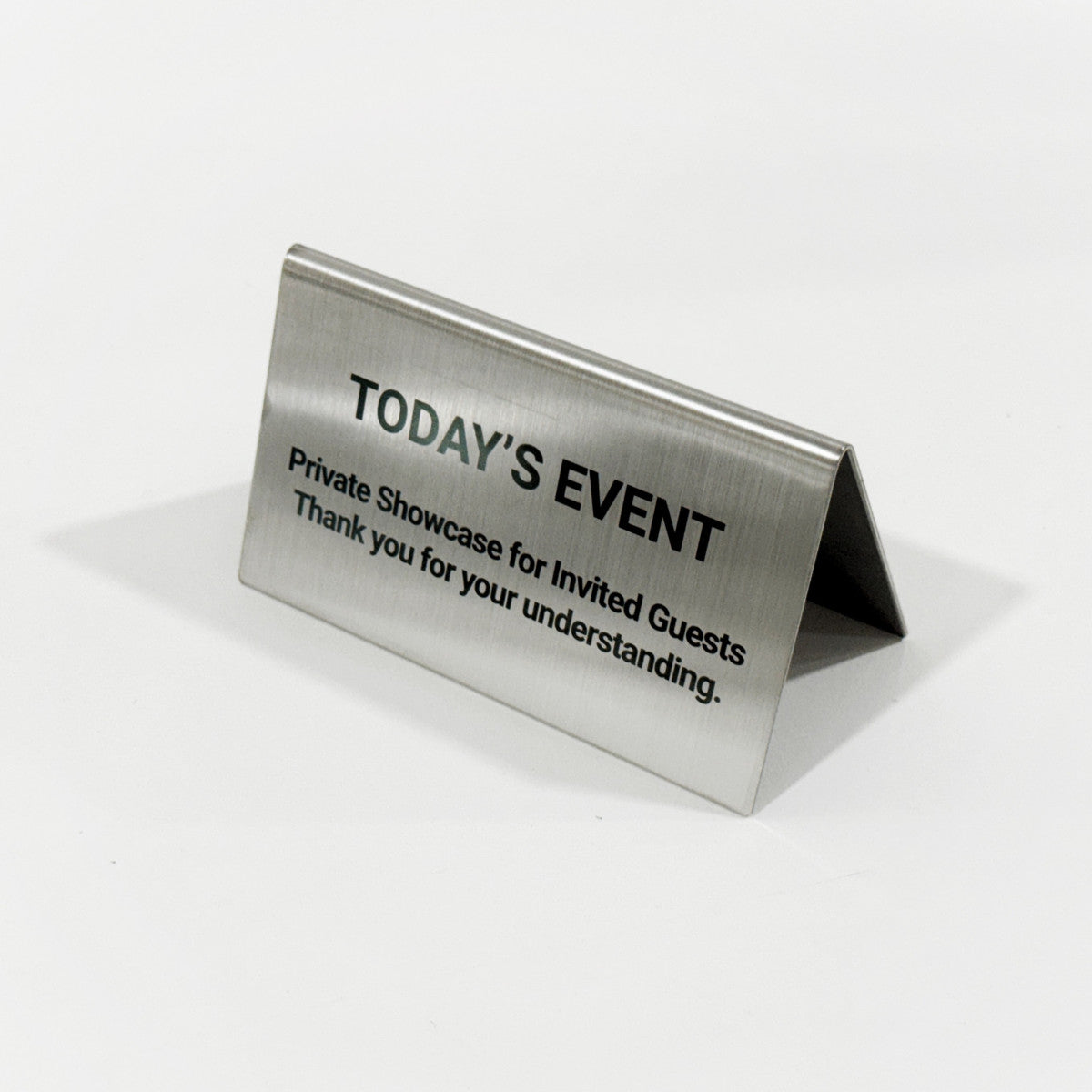Stainless steel table tent POP plate, silver, 130×60×75mm
