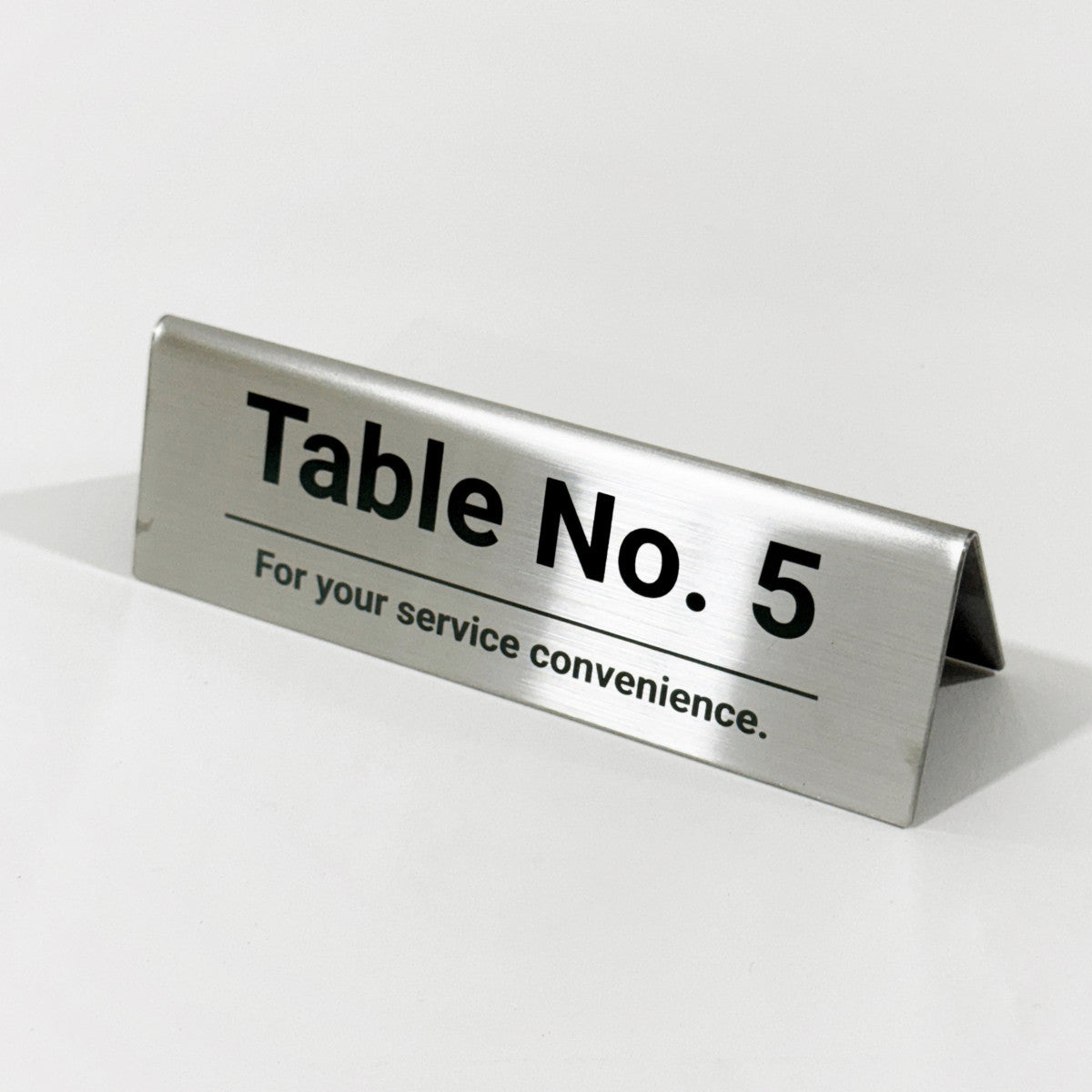 Stainless steel table tent POP plate, silver, 150×43×50mm
