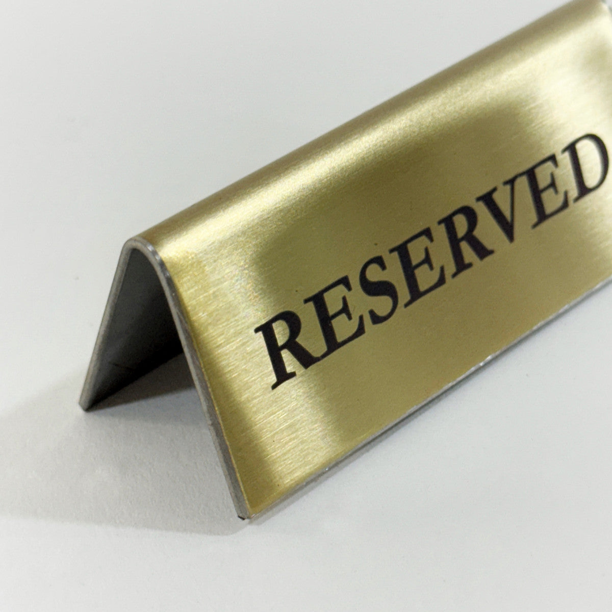 Stainless steel table tent POP plate, gold, 70×25×30mm

