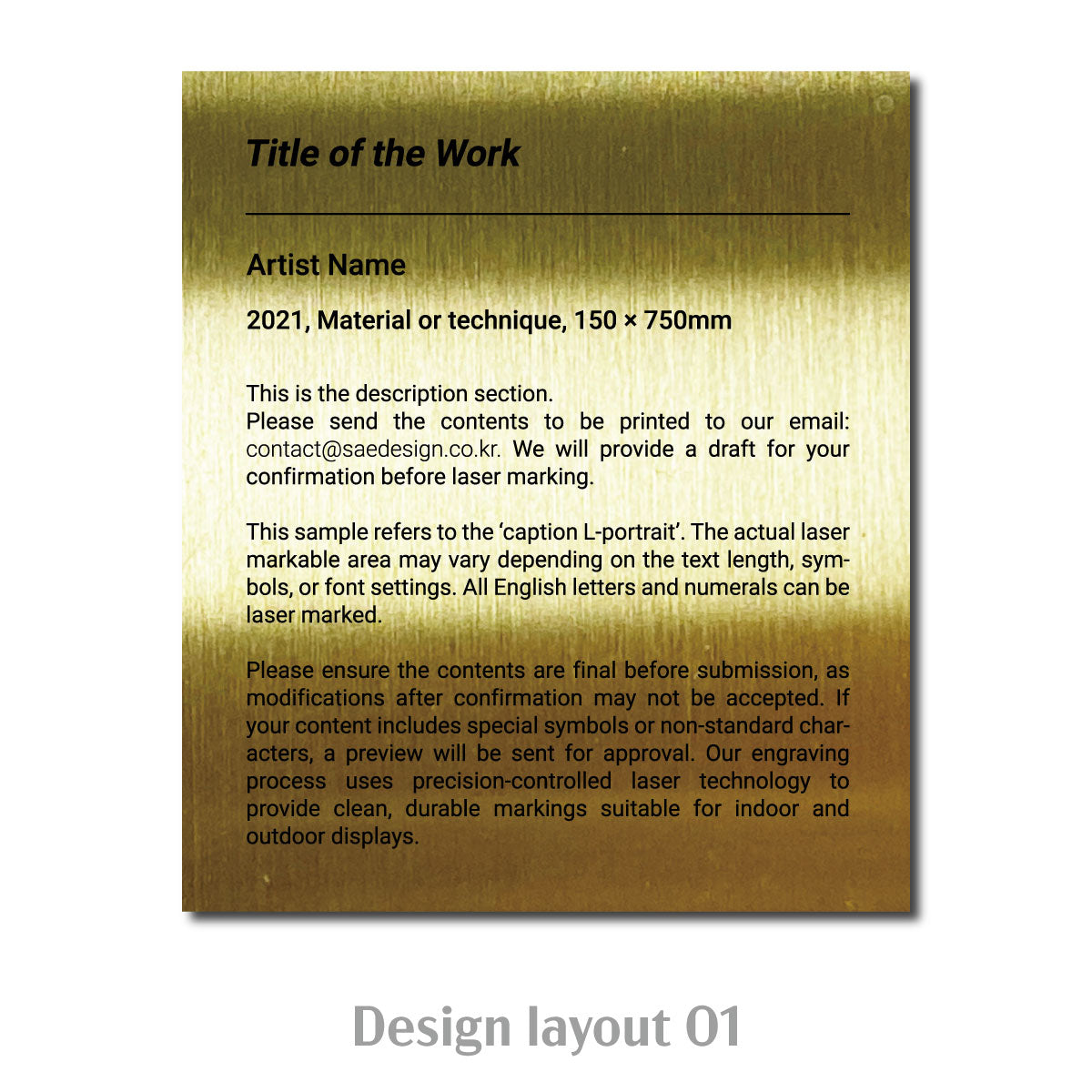 Large Freestanding Caption Plate Gold 130x30x120mm 5.12x1.18x4.72in Portait Wide SIDE Collection