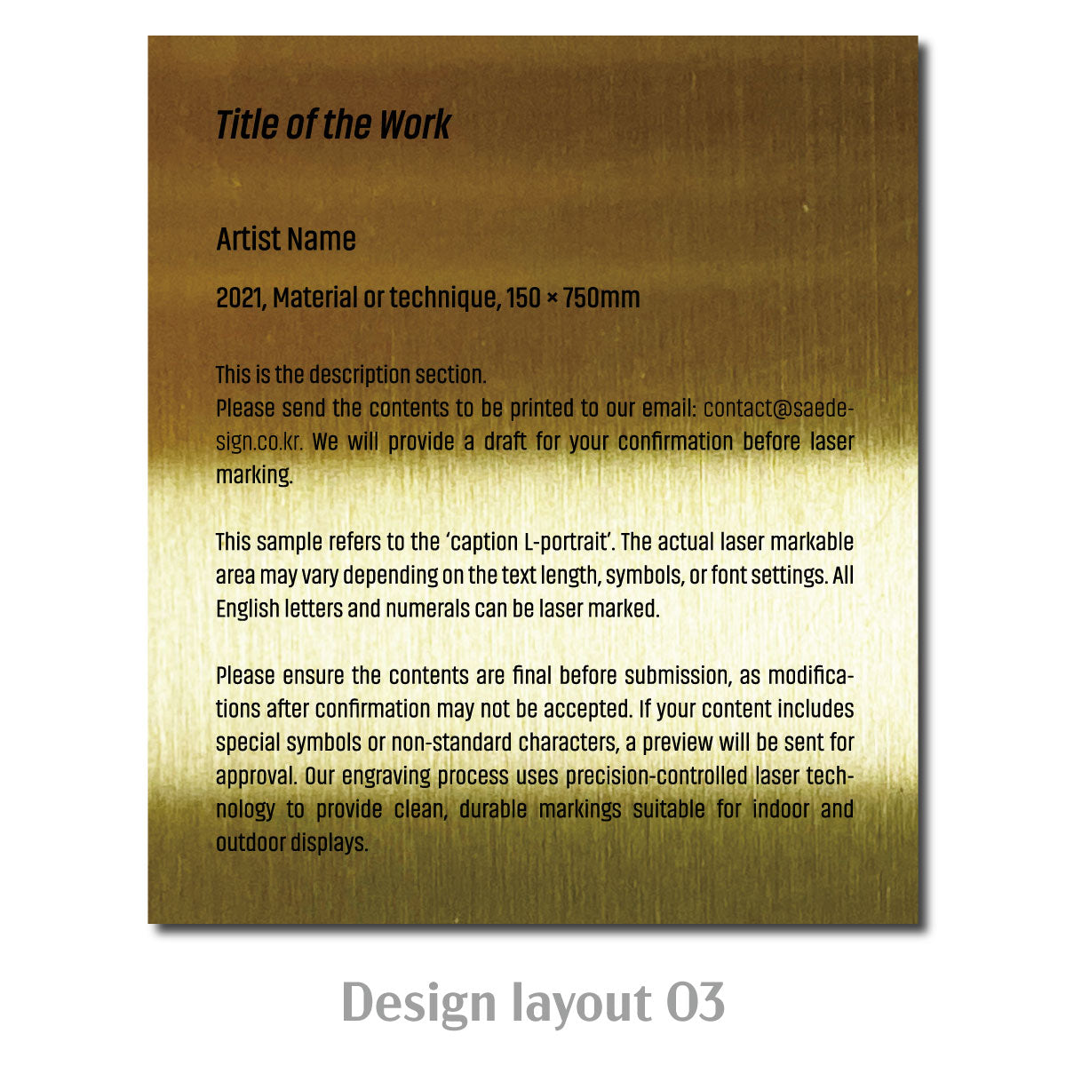 Large Adhesive Mounted Caption Plate Gold 130x150mm 5.12x5.91in Portrait Wide SIDE Collection