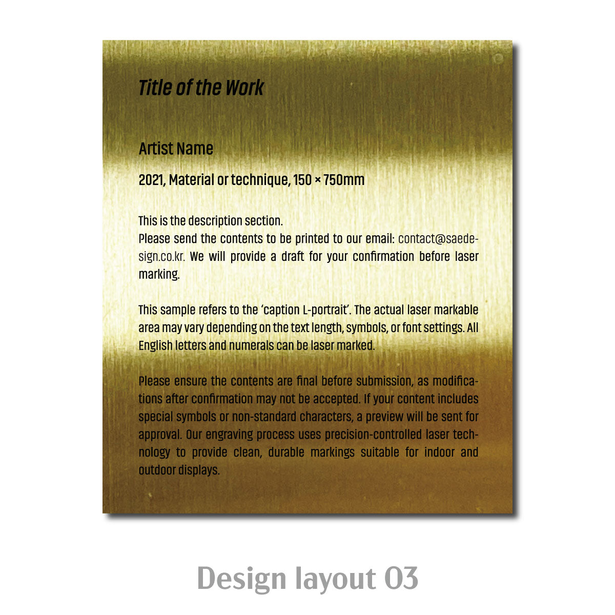 Large Freestanding Caption Plate Gold 130x30x120mm 5.12x1.18x4.72in Portait Wide SIDE Collection