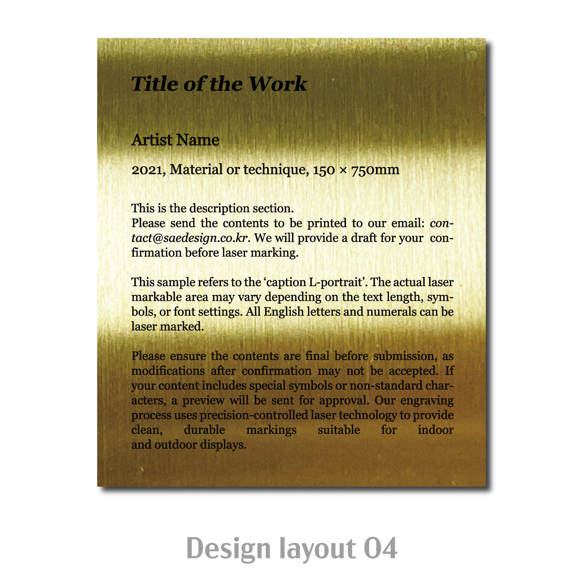 Large Freestanding Caption Plate Gold 130x30x120mm 5.12x1.18x4.72in Portait Wide SIDE Collection