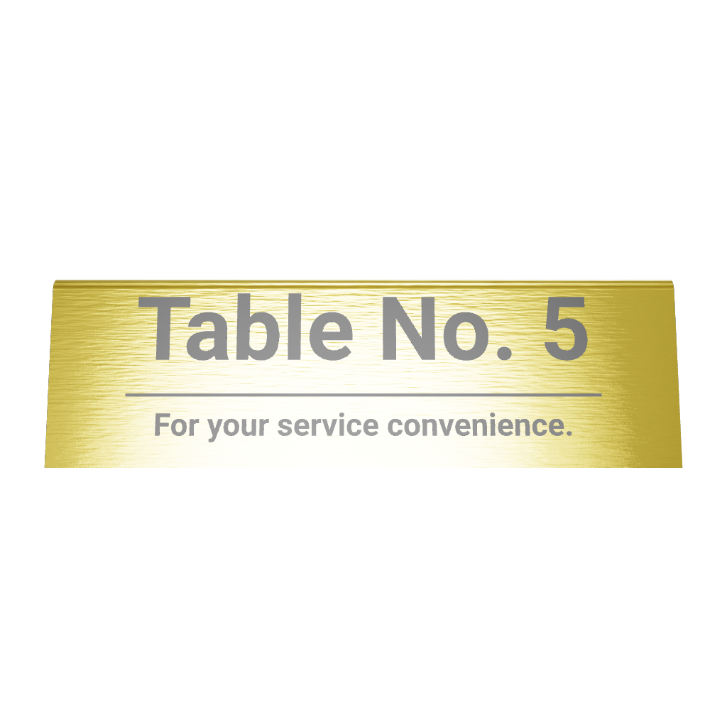 Stainless steel table tent POP plate, gold, 150×43×50mm
