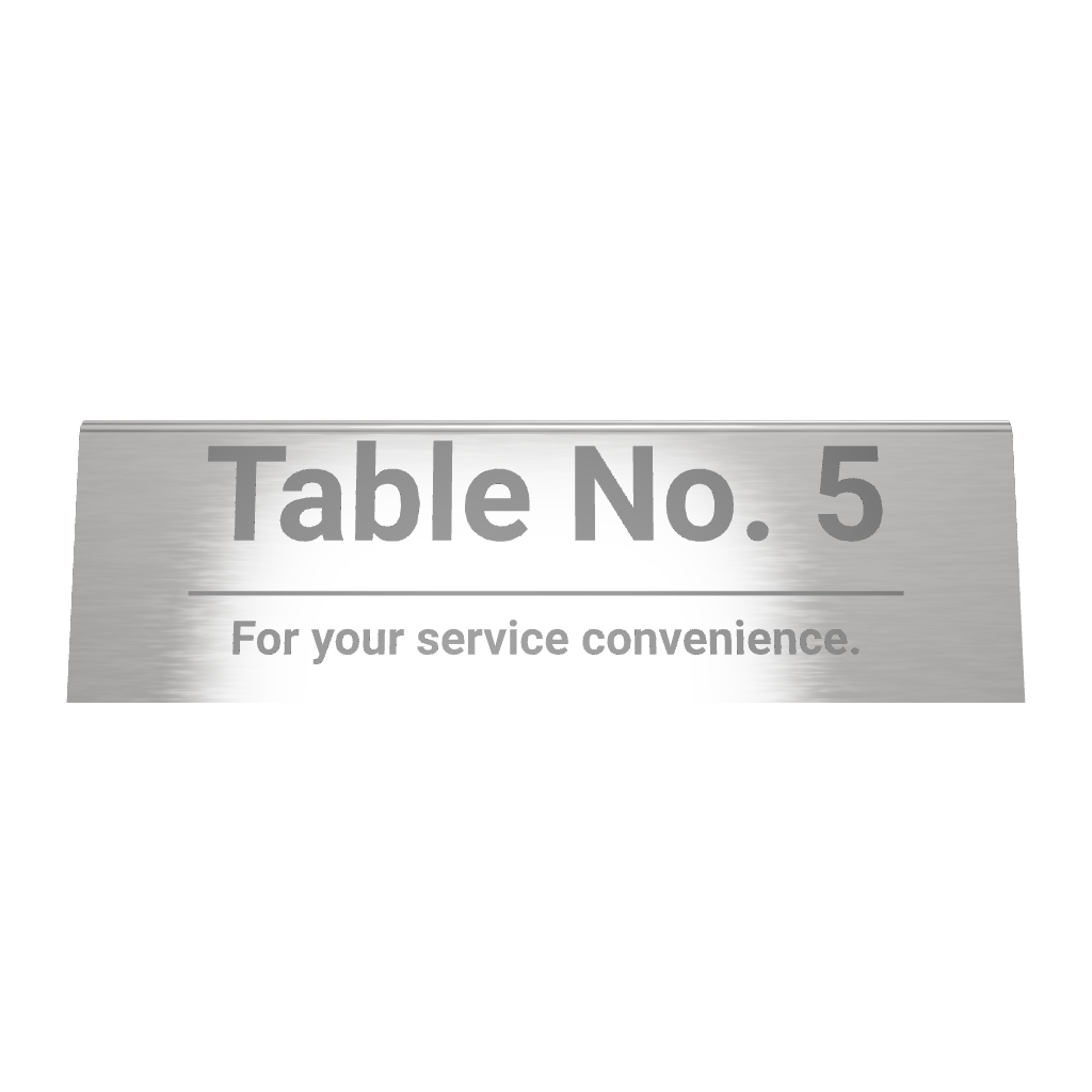 Stainless steel table tent POP plate, silver, 150×43×50mm
