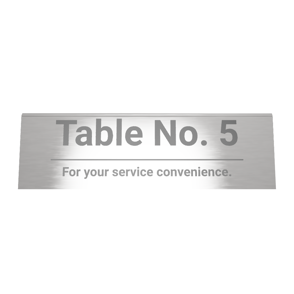 Stainless steel table tent POP plate, silver, 150×43×50mm
