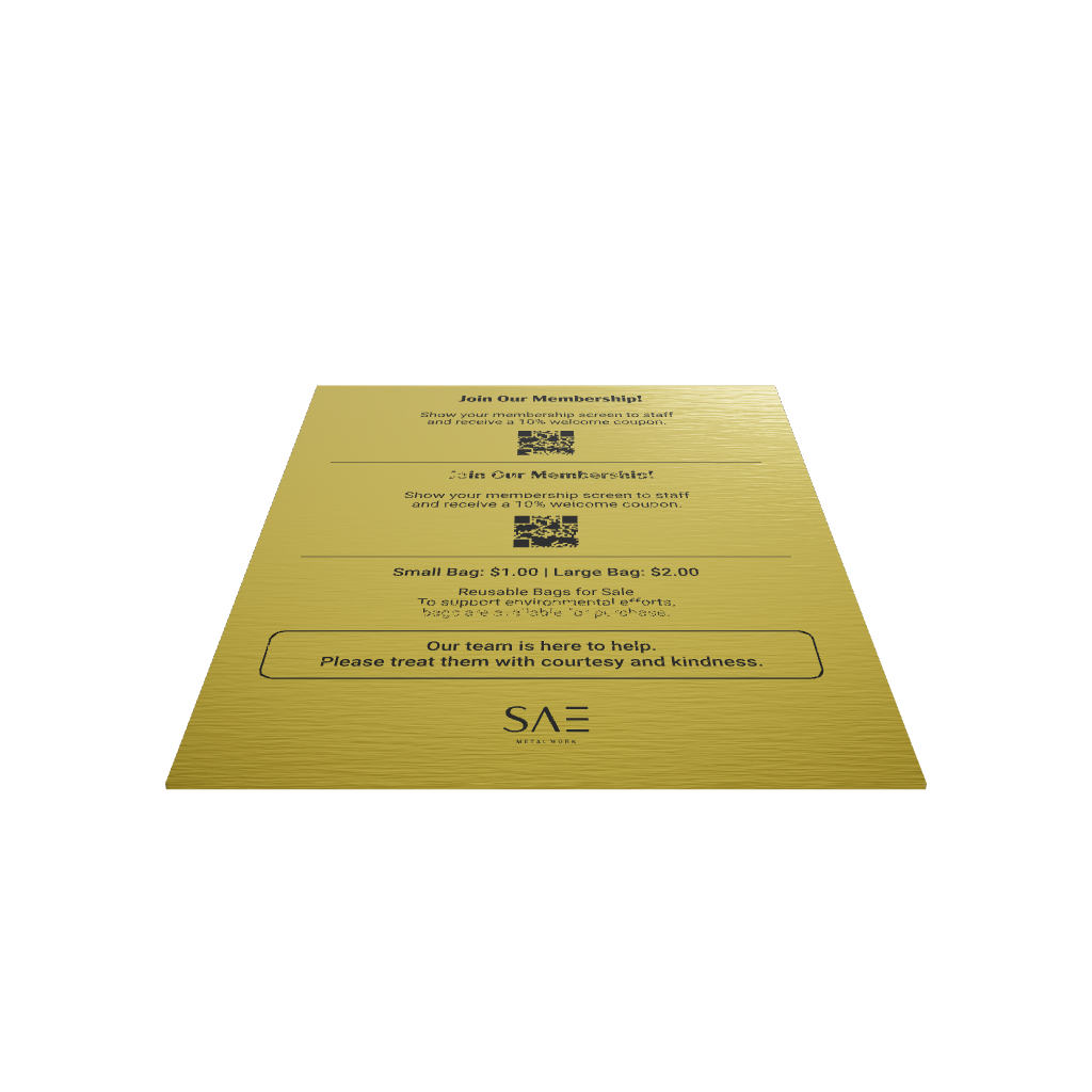 Stainless steel freestanding A6 tabletop sign, gold, 125×50×170mm

