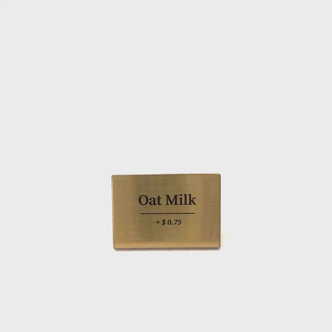 Bent Metal Laser Marked Price Tag Gold 50x35mm for bakery display and cafe menu labeling
