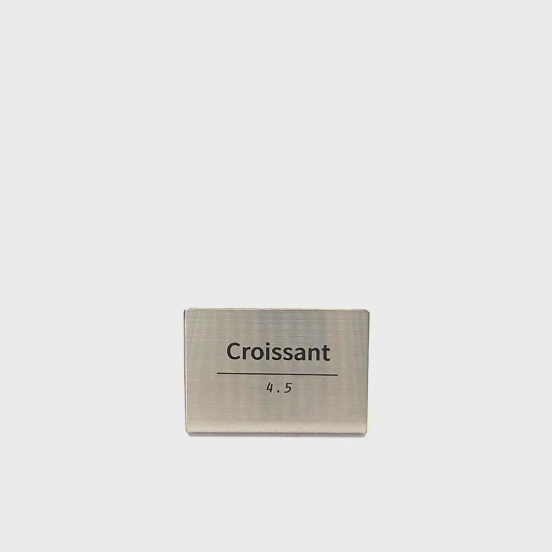 Bent Metal Laser Marked Price Tag Silver 50x35mm for bakery display and cafe menu labeling
